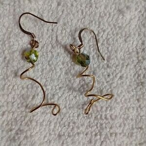 Goldtone spiral green beaded wire earrings